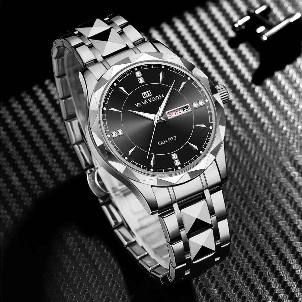 VA VOOM Men Stainless Steel Watch Classic Black Rhinestone Luxury Business Clock 3Bar Week Movement Sports Quartz Wristwatch