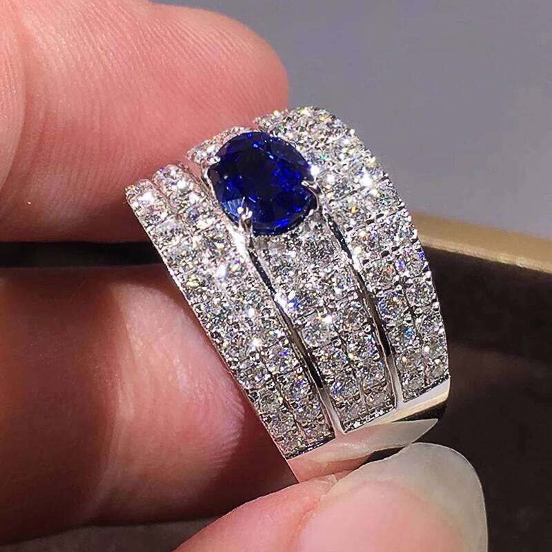 Huitan Sparkling Women Rings with Oval Blue CZ Wide Band Gorgeous Wedding Accessories Silver Color Brilliant Fashion Jewelry H260312