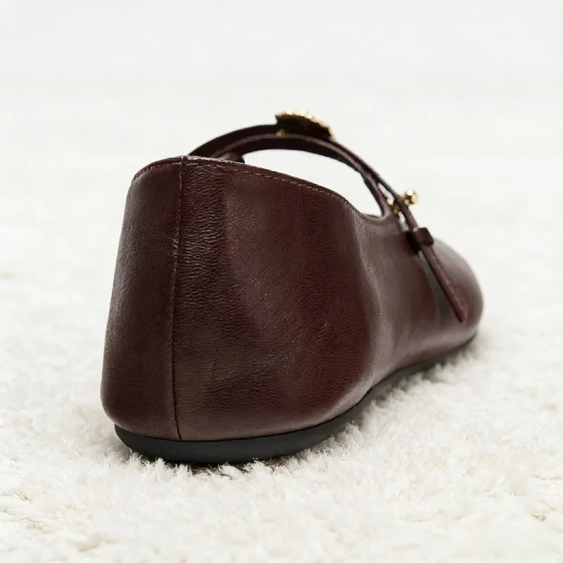 Metal Decoration Ballet Flat Retro Round Toe Soft Leather Mary Jane Shoes Light Sole Comfortable Casual 260306