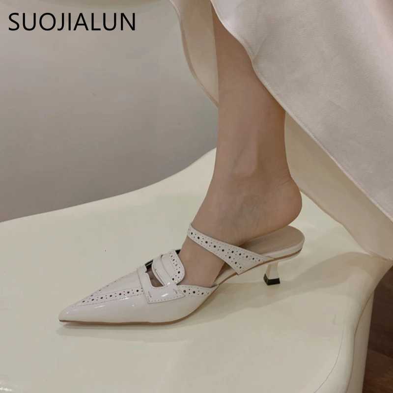 SUOJIALUN 2024 Spring New Women Slipper fashion Pointed Toe Slip On Mules Shoes Thin High Heel Outdoor Dress Sandal Pumps K260312