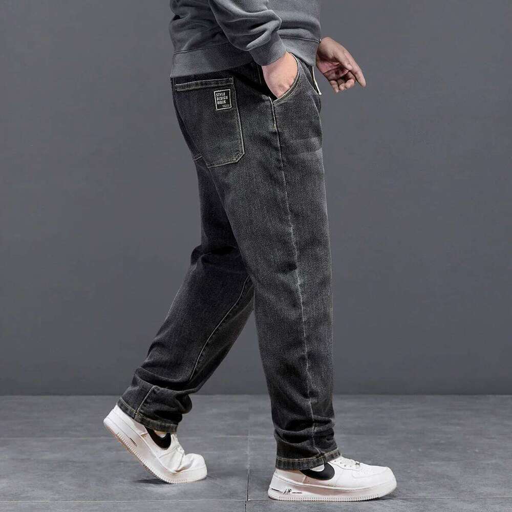 Extra Big Size Jeans Men High Elastic Waist Baggy Denim Pant Male Plus Large Loose Slim Fit Cowboy Trouser 8XL 6XL Classic Black 26Y0312