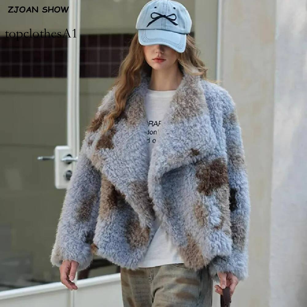 HIGH QUALITY Winter Large Lapel Curly Lamb Coat Long sleeve Warm Shaggy Tie dye Gradient Faux Fur Jacket Loose Outerwear