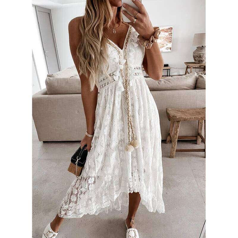 Summer White for Women 2025 Lace Hem Bohemia Short Sleeve High Waist V-Neck Long Casual Ruffle Dress C260312