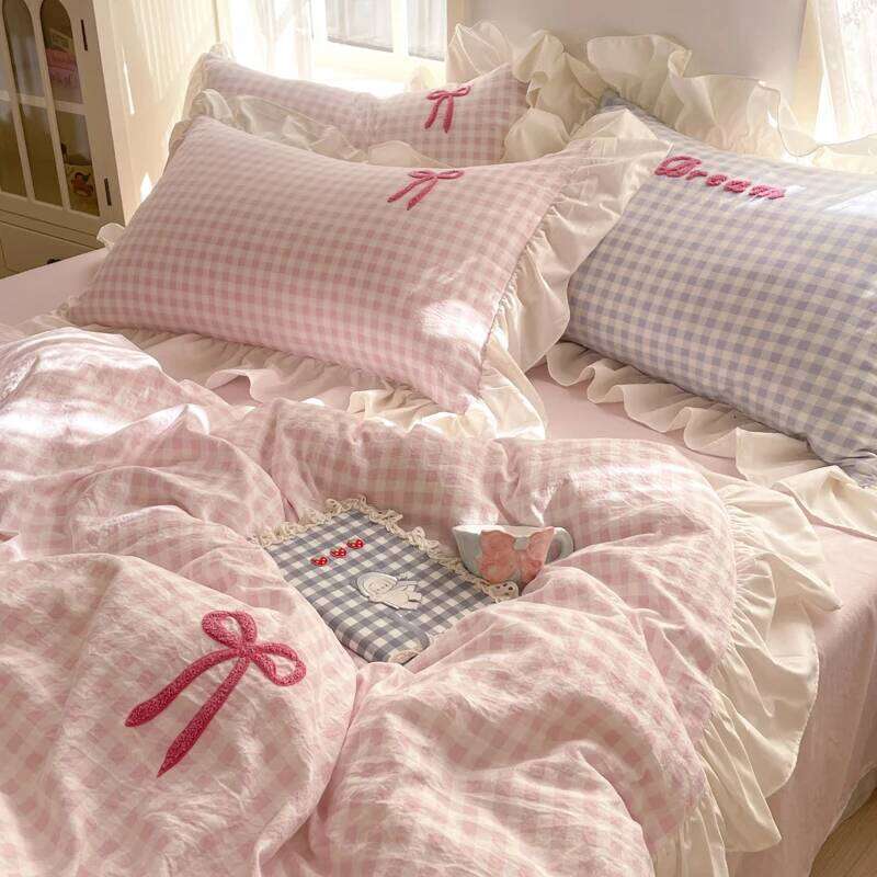 Korean Style Bedding 2025 Pink Grid Bow Quilt Romantic Bed Sheet Sets Woman Girls Bedroom Duvet Cover 4pcs H260312