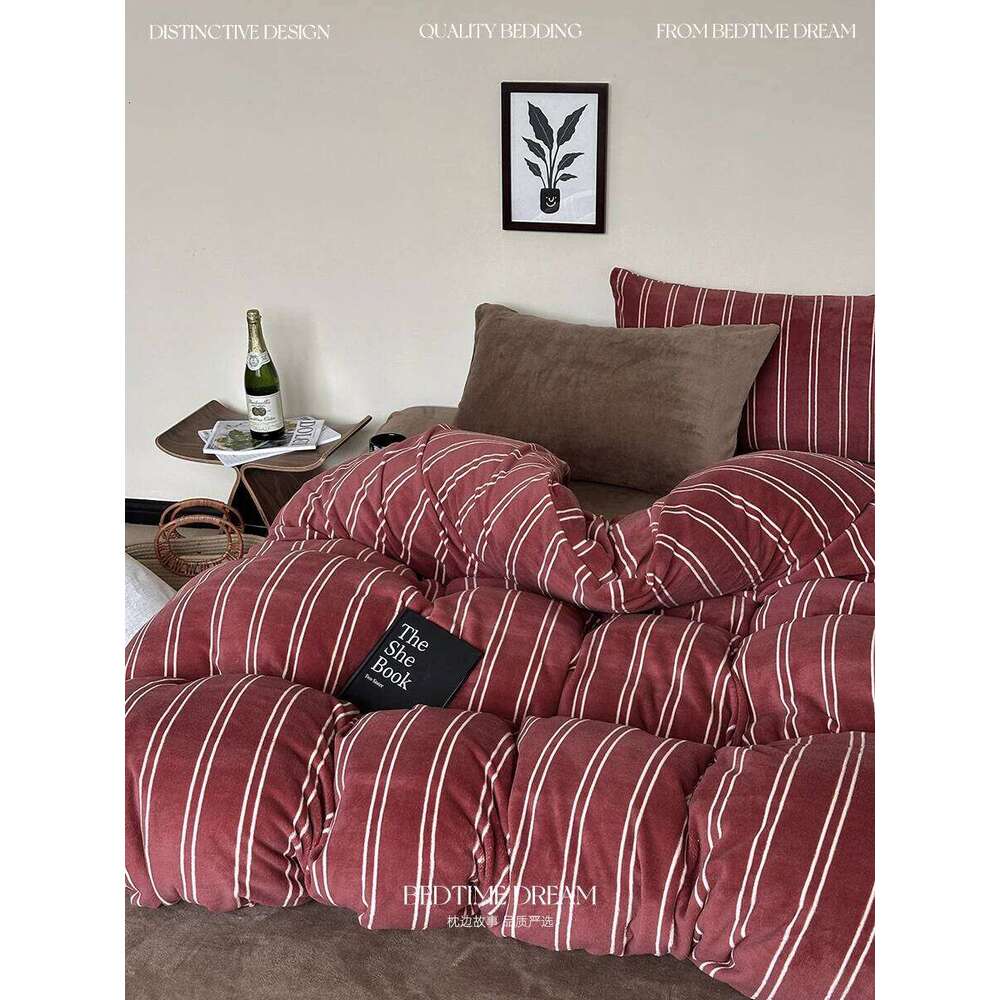 Four-piece set of household retro style red stripes thickened warm quilt cover bed sheet bedding double-sided simple and modern H260312