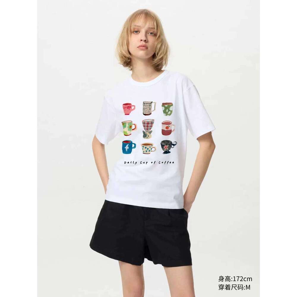 Daily Cups Coffee Print Crew Neck T-Shirt, Casual Short Sleeve Top For Spring & Summer, Women's Clothing Z260312