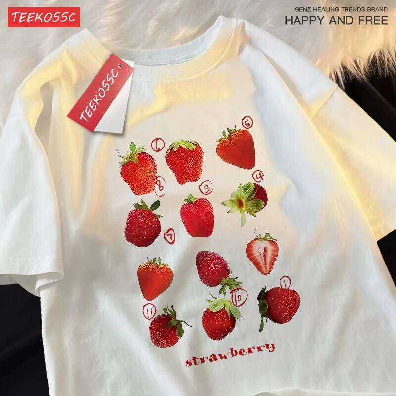 12 Types Strawberry Printing Men Women 100% T Shirts Summer Fashion Harajuku Loose Cotton Couple Round Neck T-shirt Z260312