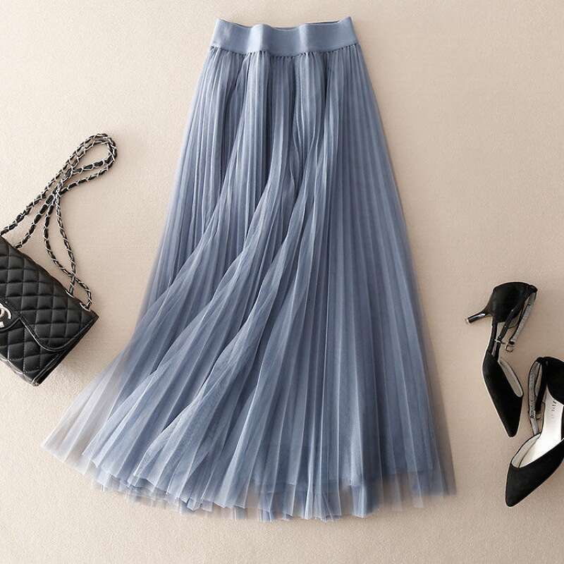 Pleated half-length A-line loose-fitting, large-hemmed, puffy mid-length plus-size mesh long skirt, all-season skirt