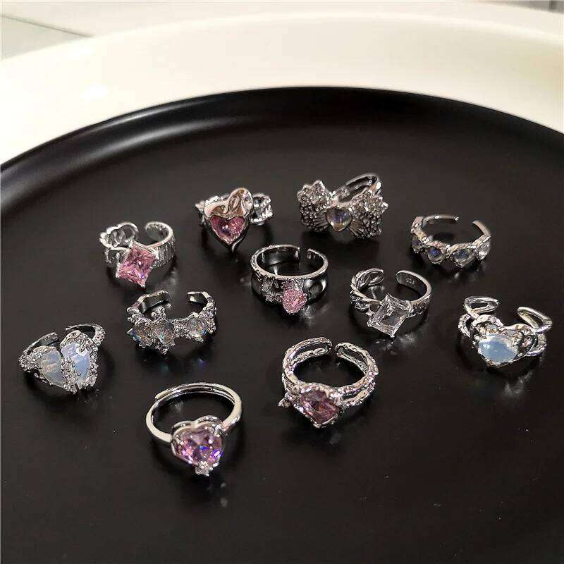 Pink Crystal Irregular for Women Creative Blue Opal Heart Open Shiny Geometric Zircon Ring Vintage Y2K Jewely H260312
