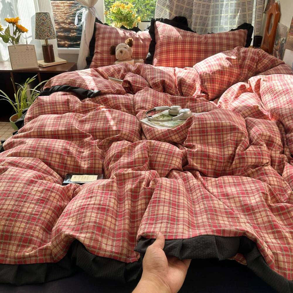 Plaid Bedding Double Yarn Classic Vintage Duvet Cover Flat Sheets Set 2 Pillowcases Single Twin Full Queen Size H260312