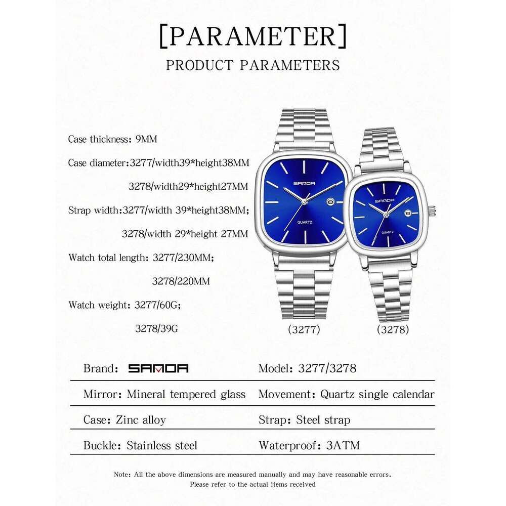 SANDA 2026 Couple Quartz and Women's Square 3ATM Waterproof Calendar Luxury Fashion Men's Watch 3277