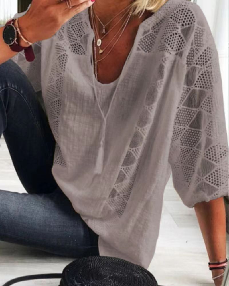 Women's Hollow Out V-Neck Short Sleeve Cotton White Shirt Loose Stitching Lace Blouse Casual Tops Summer Fashion
