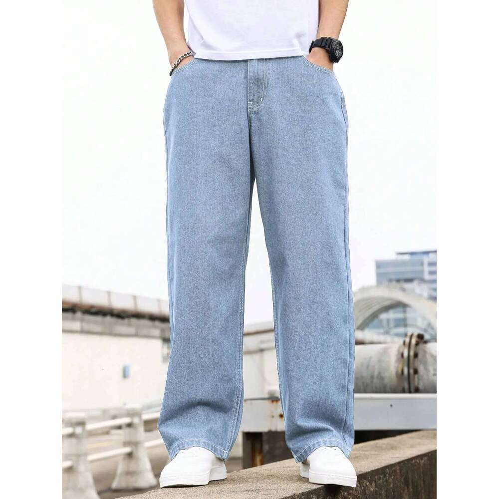 Men's Light Blue Washed Wide-Leg Jeans, Loose Straight Fit, Trendy Casual Style for All Seasons