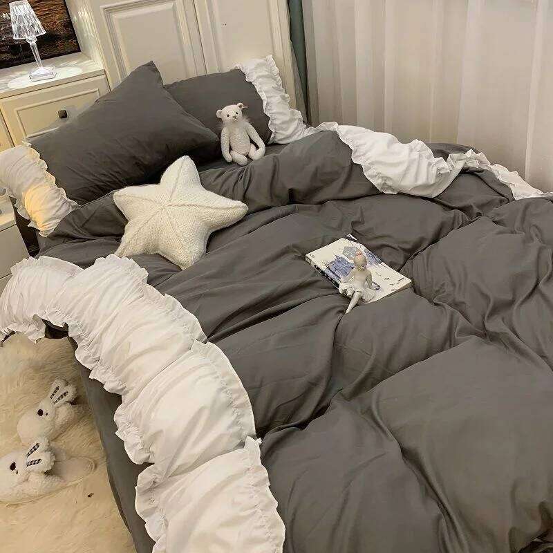 Korea Princess Purple Bedding Sets Bed Pillowcases Duvet Cover 3/4 Pieces Home Decoration Washed Cotton Flat Sheet Set H260312