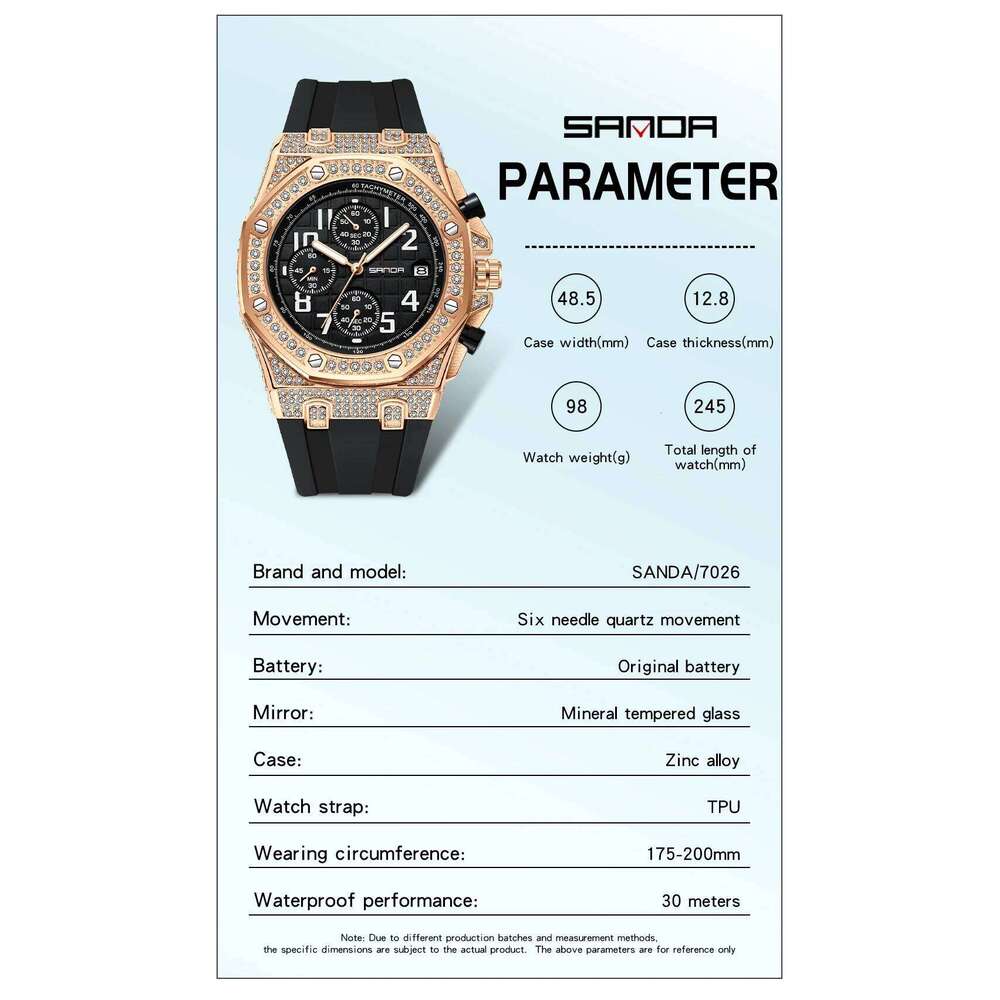 SANDA New 7026 Quartz With Three Eyes And Six Pins Diamond Inlaid Calendar Dial Luminous Waterproof Men's Watch 2025