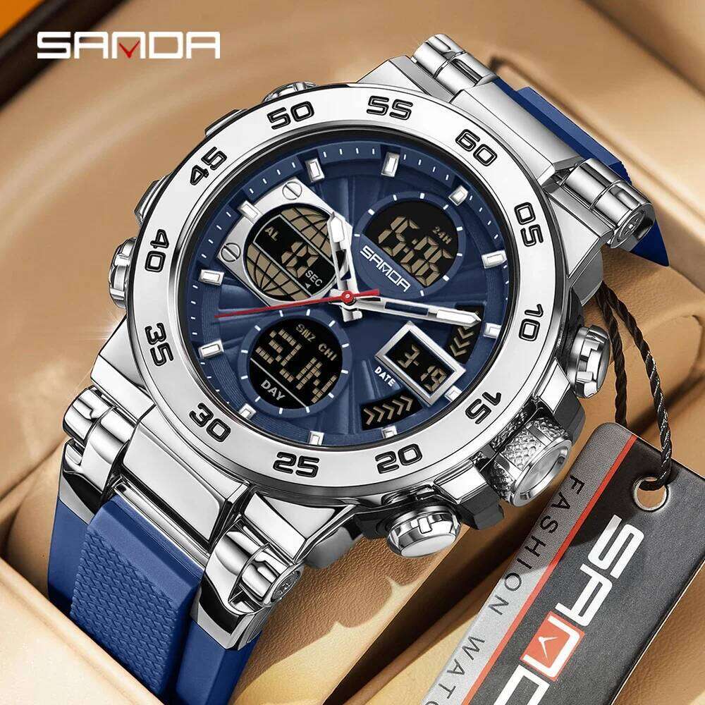 SANDA Luminous Dual Screen Multi functional Outdoor 3 Time Zones Sports Waterproof Men's Electronic Quartz Watch montre