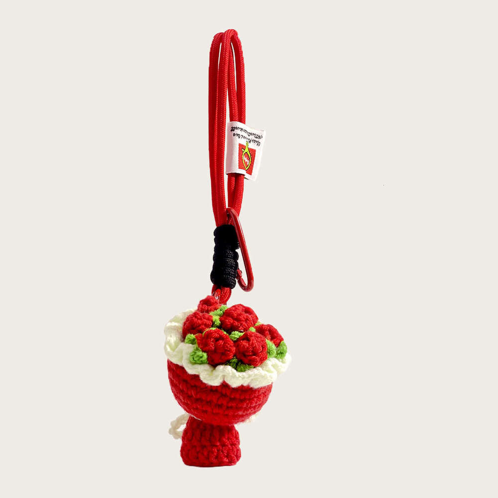 Cute Handmade Crocheted Pink Rose Bag Pendant Knitted Handheld Flower Keychain Valentine's Day Gift