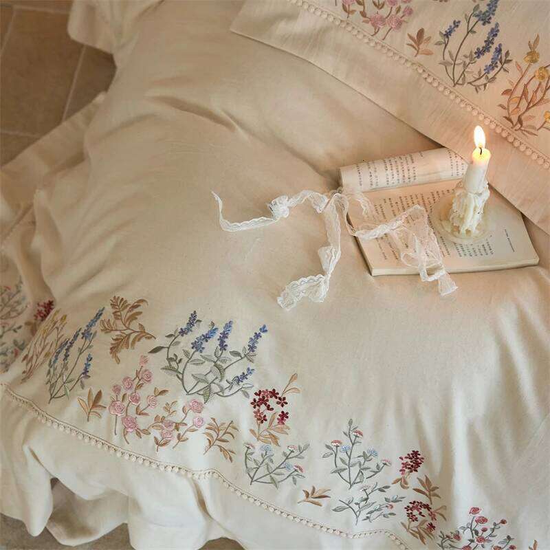 Natural Cotton Linen Vintage French Flowers Embroidery Bedding Set Duvet Cover Flat/Fitted Bed Sheet Pillowcases 4Pcs H260312