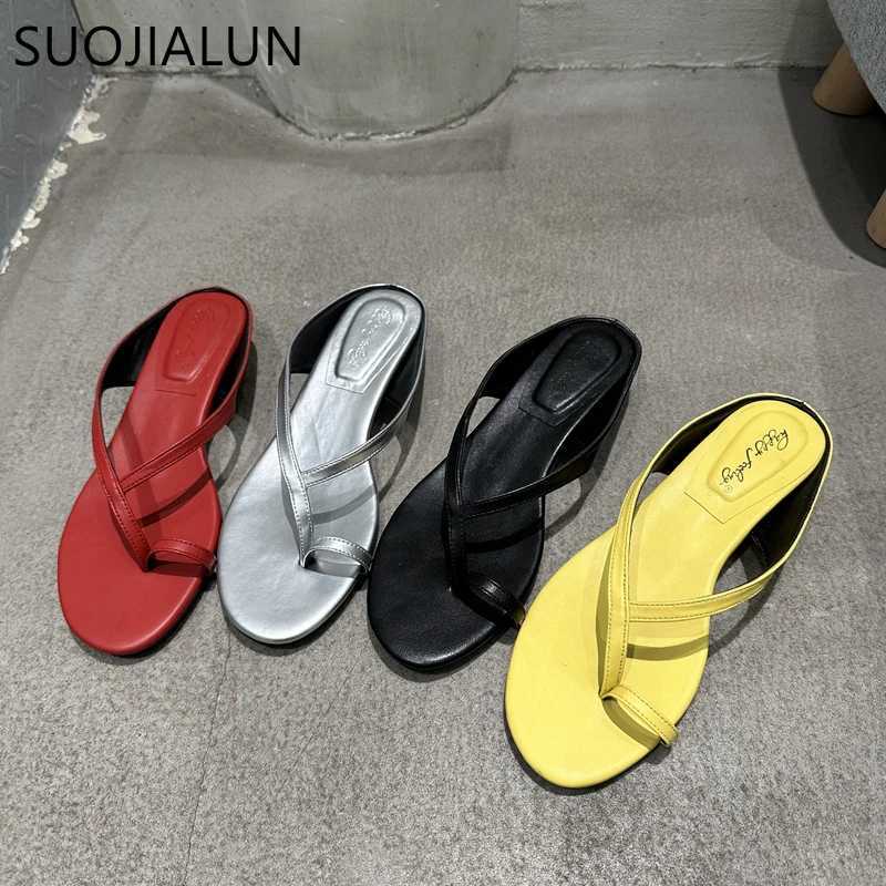 SUOJIALUN 2025 Summer New Women Slipper Fashion Narrow Band Ladies Elegant Flip Flop Square Low Heel Dress Slides Shoes K260312