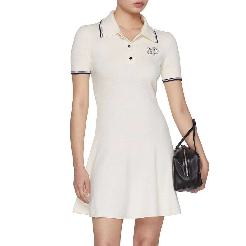 SP Luxury Brand Design Women Knitted Dress Slim A-line Lapel Casual Dresses Elegant Short Sleeve Mini Self Ladies Clothes C260312