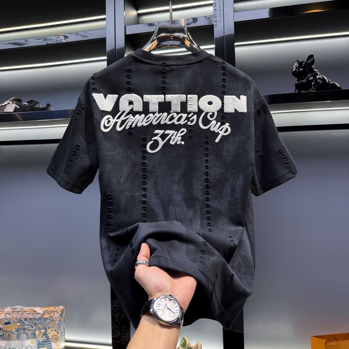 Luma hop European Men's High-End Design Sense Distressed Crew Neck Short T-Shirt Men 2025 New Trendy Brand Summer American Style Half Sleeve
