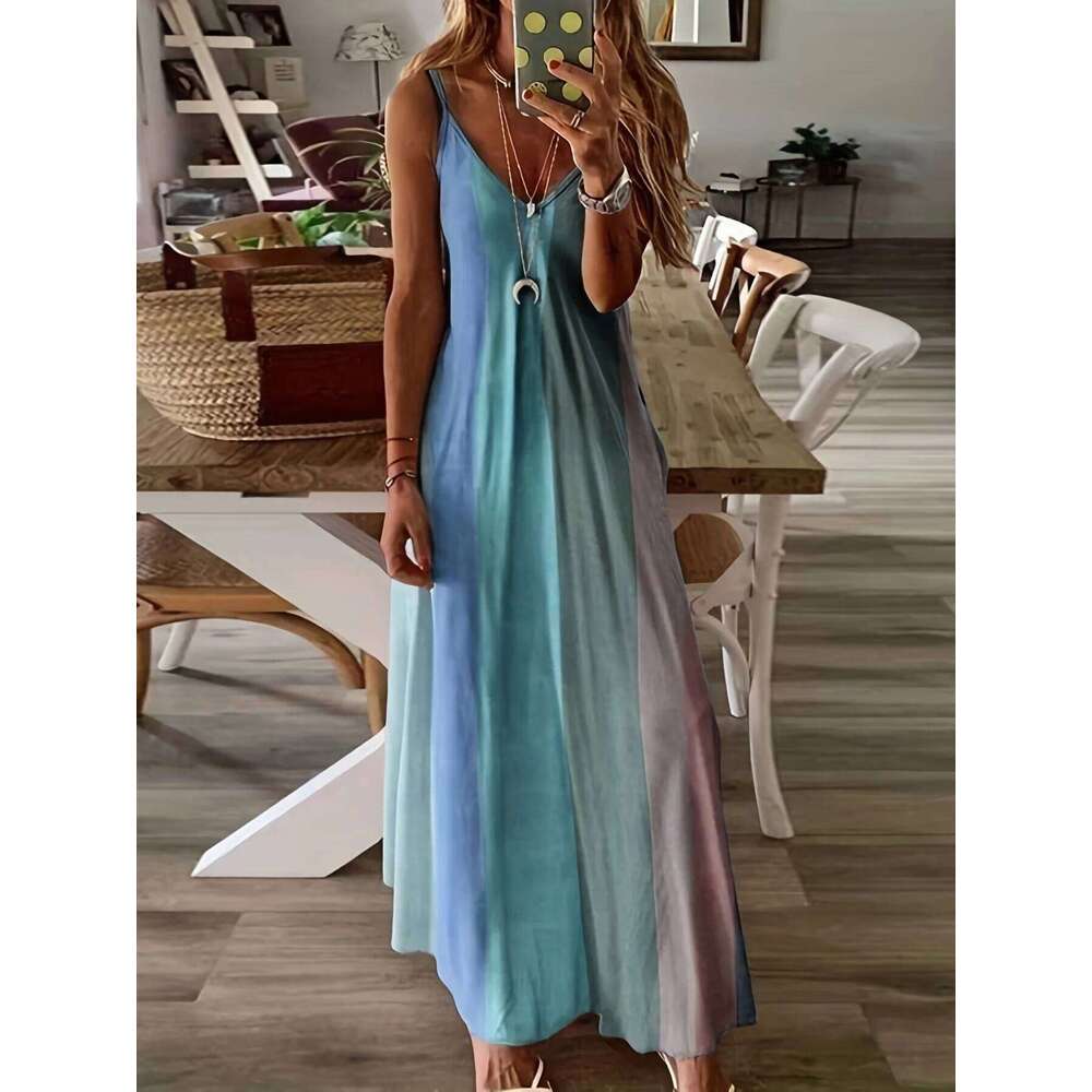 Summer long slim fit, colorful suspender skirt, gradient new printed women's dress C260311