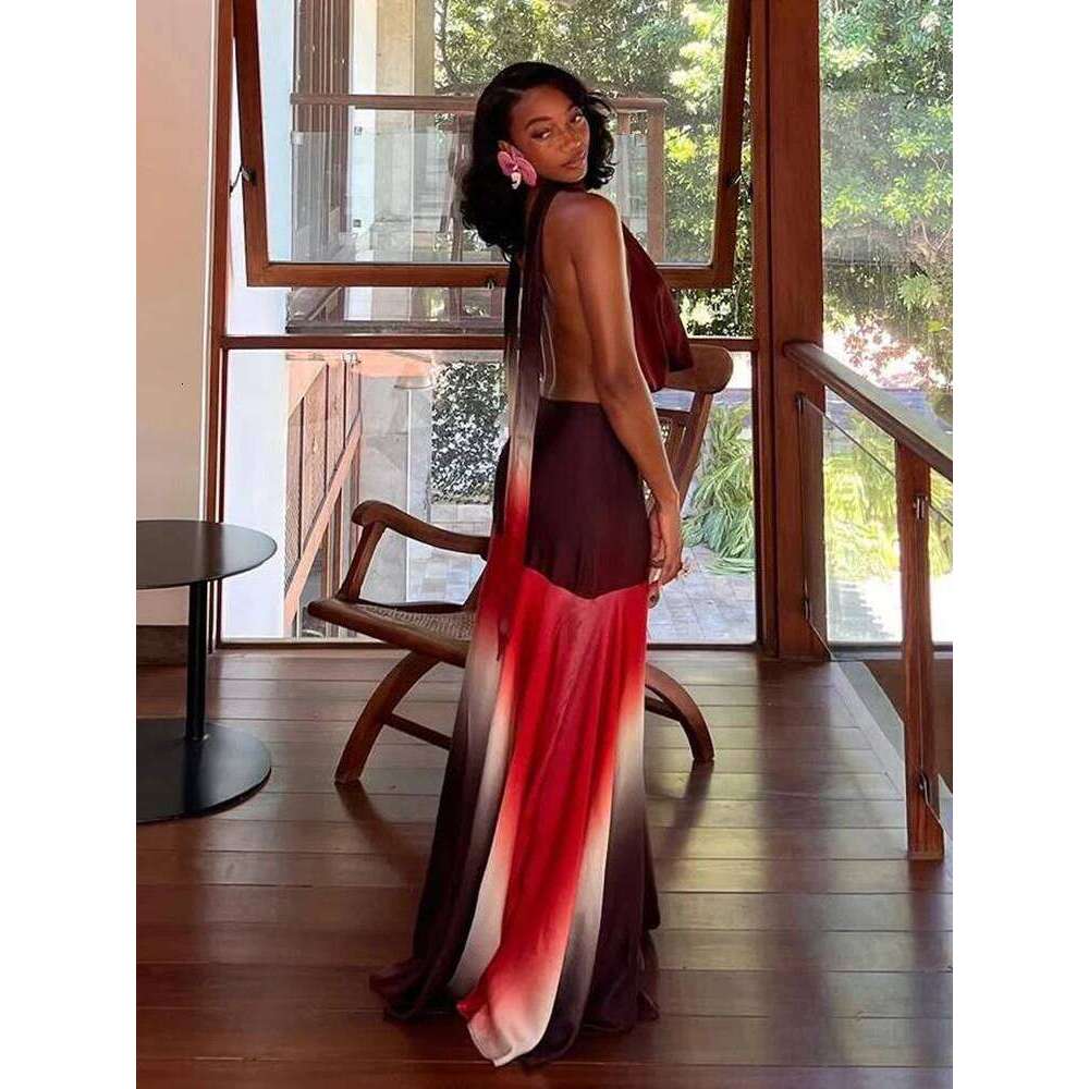 Sisterlinda Summer Release Junior Fashion Leisure Sexy High Street Long Dress K25D66166 Girl Printing Halter Slim Backless Robe C260311