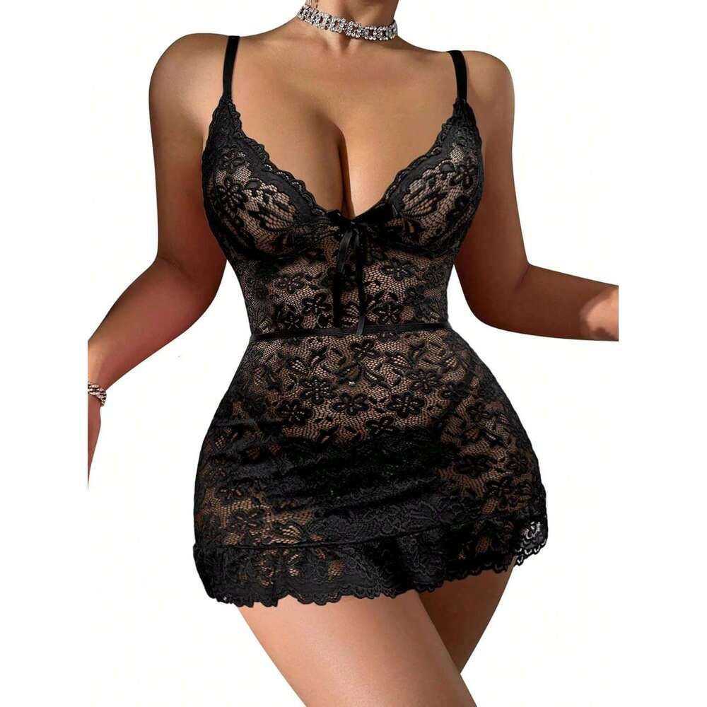 Women Black Lace Bodysuit Dress with Deep V-Neck and Bow Tie Sexy Sheer Mini Dress for Night Out, Party, or Romantic Wear
