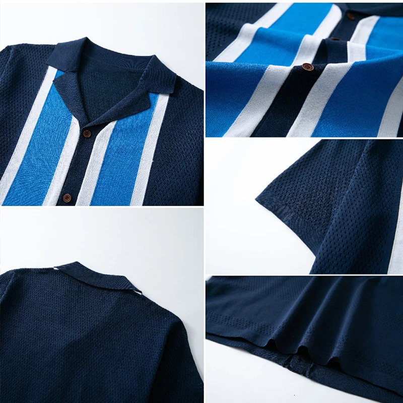 Summer Men Hollowed-out Knitted Polo Shirt Short Sleeve Patchwork Cuban Collar Trendy Cardigan Hawaiian Beach Holiday Knitwear 260311