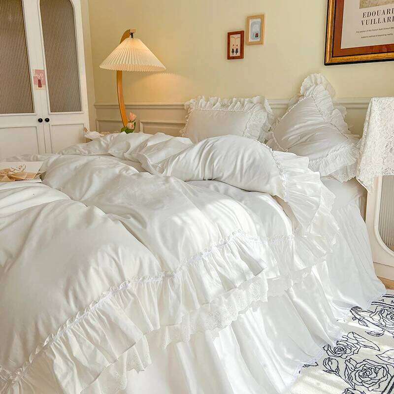 4Pcs White Korean Princess Style 100% Cotton Bedding Set Double Layer Lace Ruffles Duver Cover Bed Skirt Bedspread Pillowcases H260312