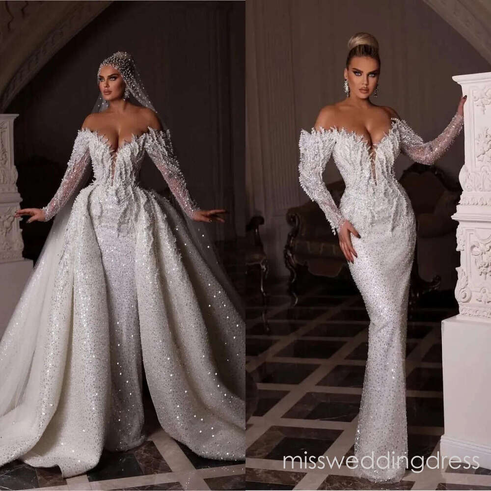 Luxury Wedding Sequins Pearls Mermaid Bridal Gowns with Overskirts Off Shoulder Beading Bride Dresses Custom Made