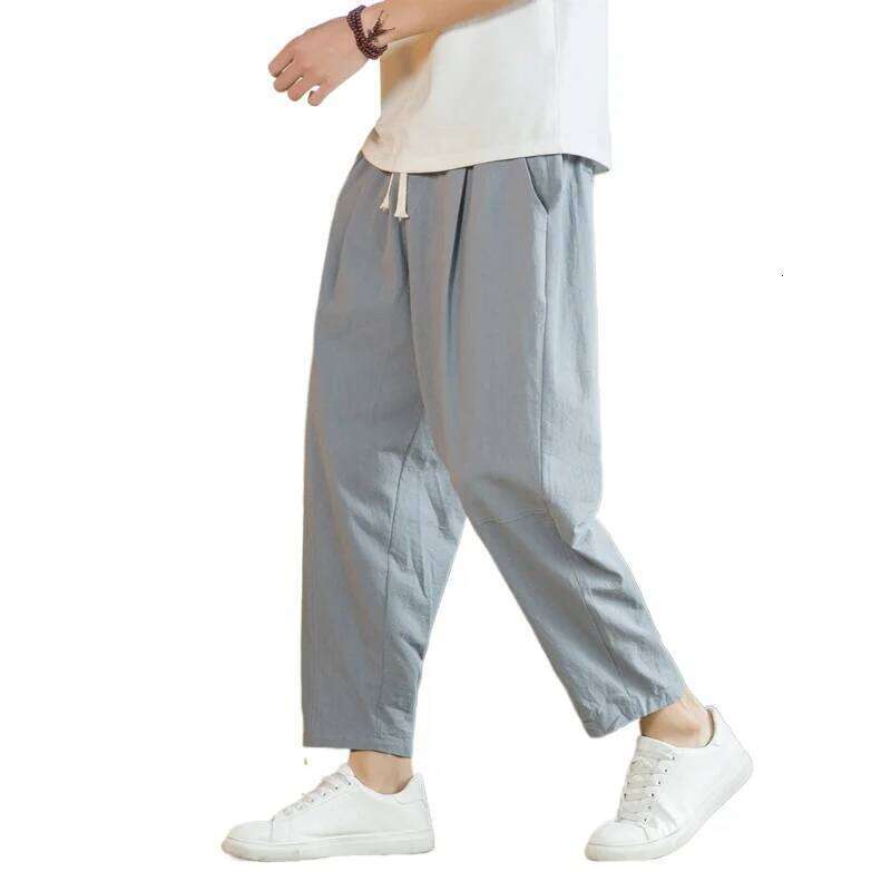 Streetwear Cotton Trousers Casual Solid Color Long Breathable Drawstring Straight Harem Men Baggy Pants