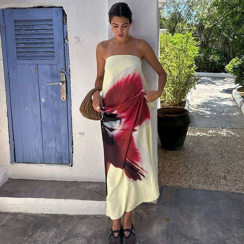 CUTENOVA Sexy Strapless Print Floral Belt Women Maixi Dress Yellow Backless High Waist Dresses Summer Holiday Elegant Beachwear C260312