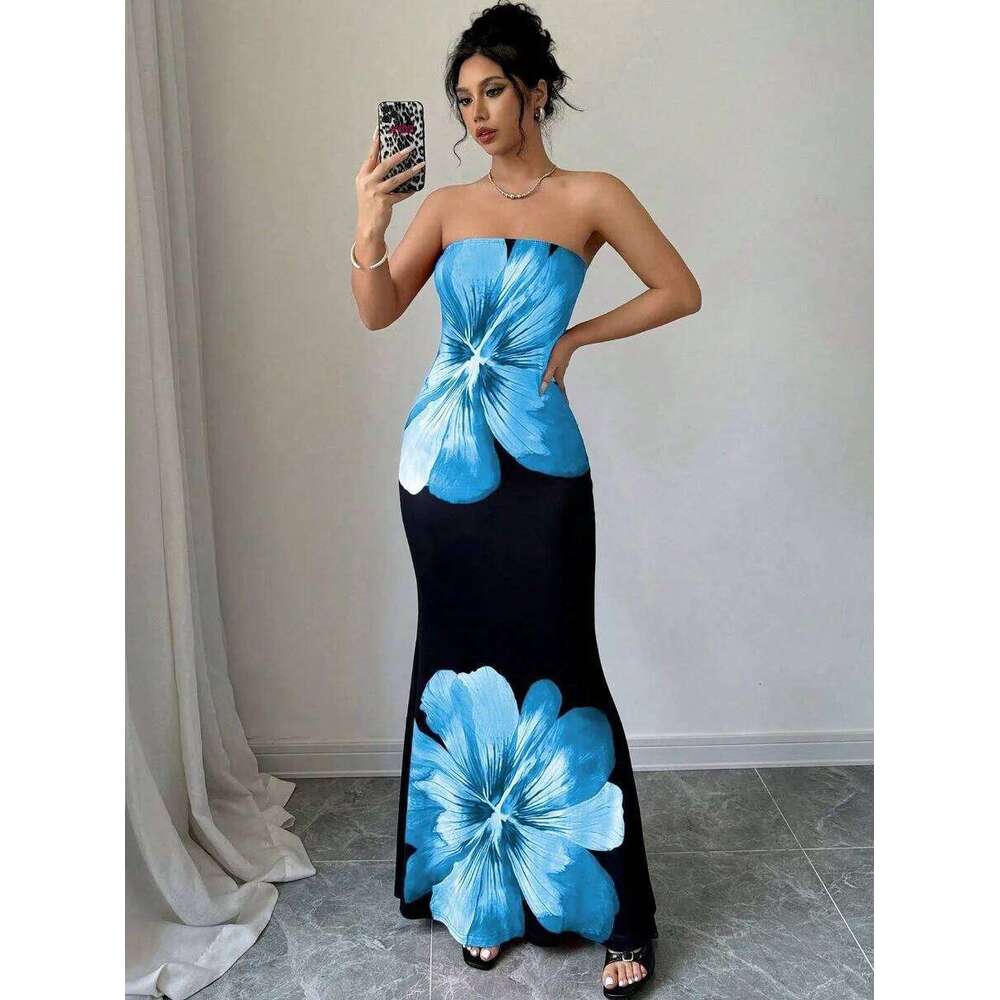 Fashion Milk Silk Fabric Floral Print Sexy Long Dresses Elegant Backless Bodycon High Waist Midi Dress 2025 Summer Vacation Boho C260312