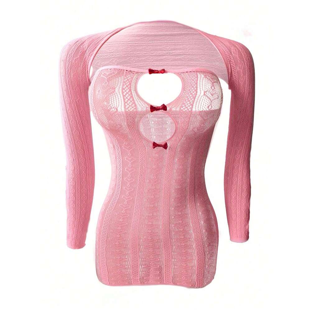 Women Pink Knitted Bodycon Dress with Detachable Sleeves Sexy Cut-Out Design with Red Bows for Party, Cosplay, or Romantic Wear