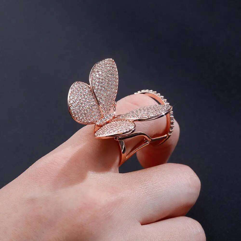 TOPGRILLZ Adjustable Butterfly Movable Wings Iced Out Cubic Zirconia Ring Fashion Charm Women Jewelry For Gift H260312