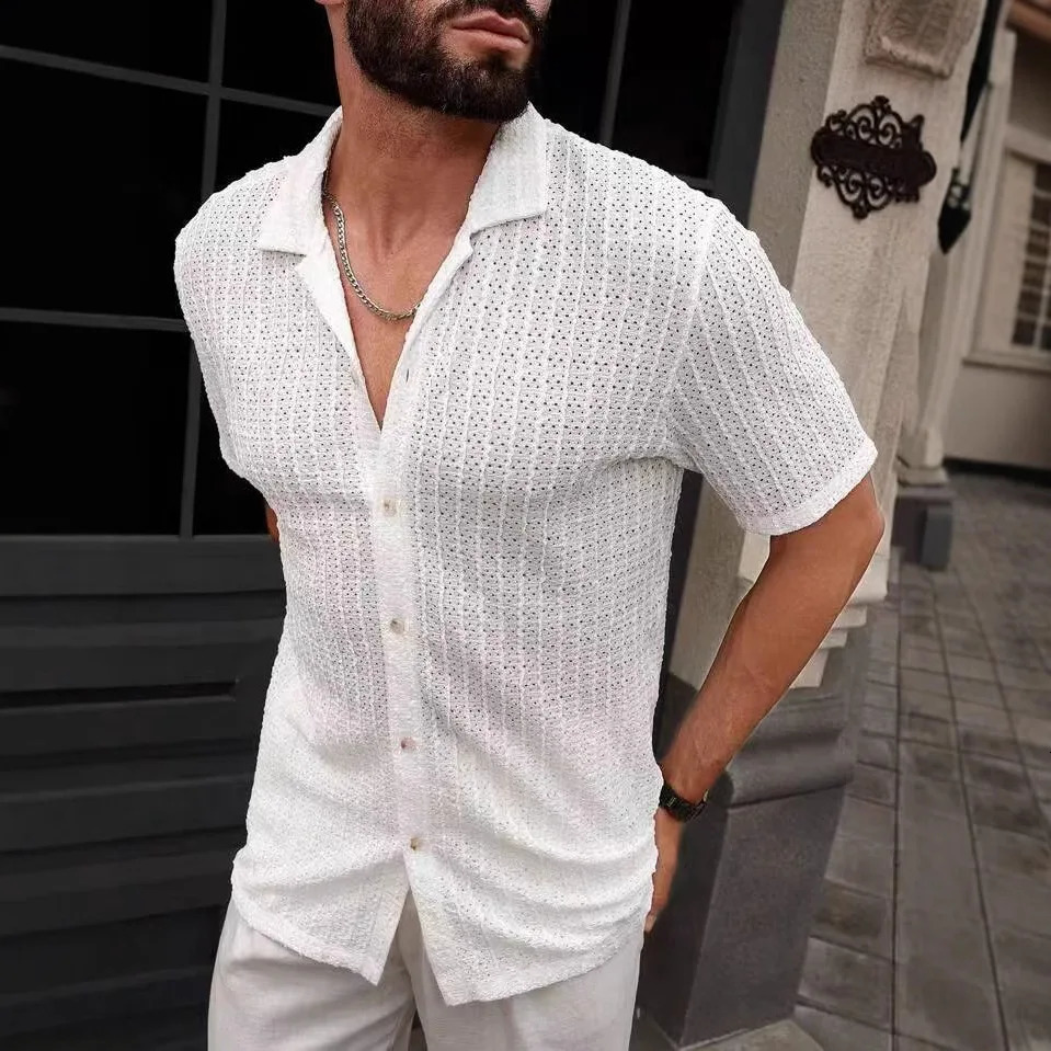 European and American Mens Breathable Hollow Shirt Summer Mens Casual Knitted Shirt Short Sleeved Shirt Short Sleeved Top 260311