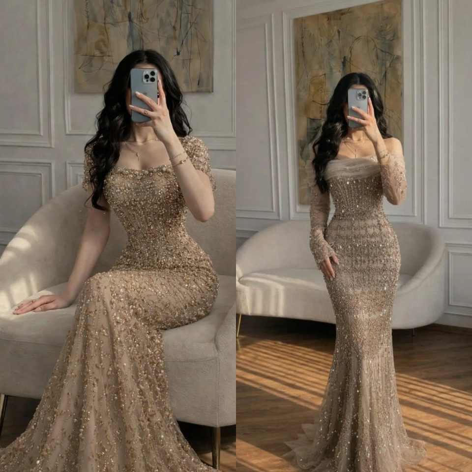 Gold Glitter Mermaid Prom Dresses Off the Shoulder vestidos de noche Elegant Detachable Train Customized Formal Evening