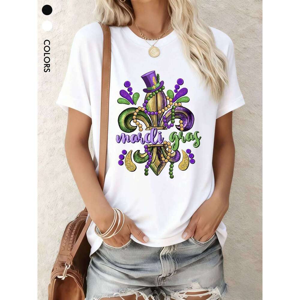 Womens Mardi Gras T Shirt Carnival Golden Fleur De Lis Purple Top Hat Summer Short Sleeve Casual Party Gift Black White Z260312