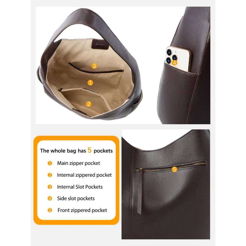 Zency Women's Genuine Leather Top Quality Large Hobo Shoulder Commuters Handbag Designer Bag Big Totes For Beach Travel