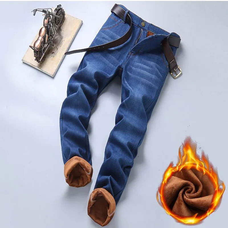 Men Fashion Winter Warm Jeans Male Fleece Lined Thickened Denim Pants Loose Straight Comfortable Casual Black Blue Trousers 260228