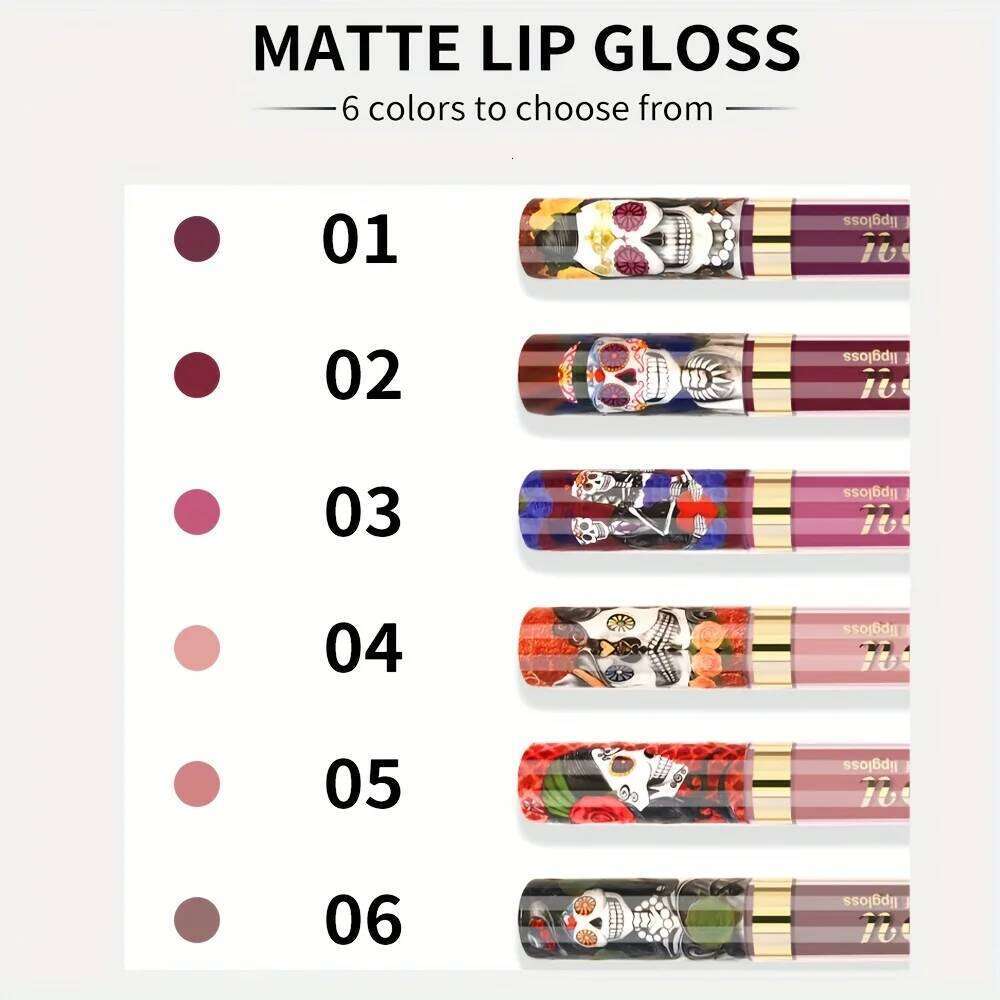 1pcs Matte Lip Gloss Long-Lasting, Waterproof, Non-Fading, for All Skin Types - Vibrant Red Shades with Floral & Skull Designs W260311