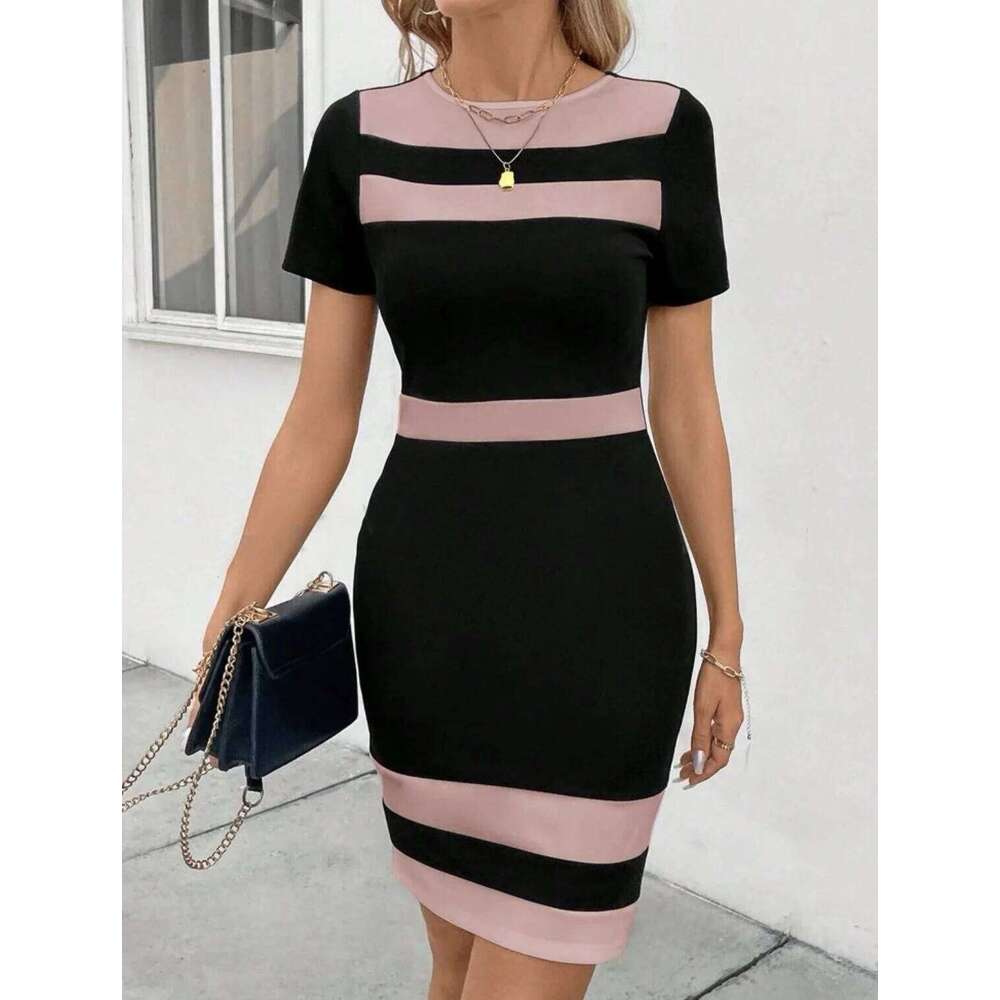 French clashing skirts short sleeves chic sophisticated elegant style stylish casual dress for women in summer C260311