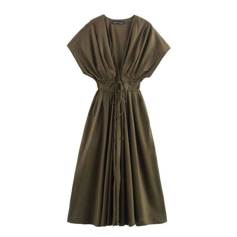 ETJ Summer 2025 women's elegant party Vintage V-neck fashion pleated lace-up MIDI poplin dress C260312