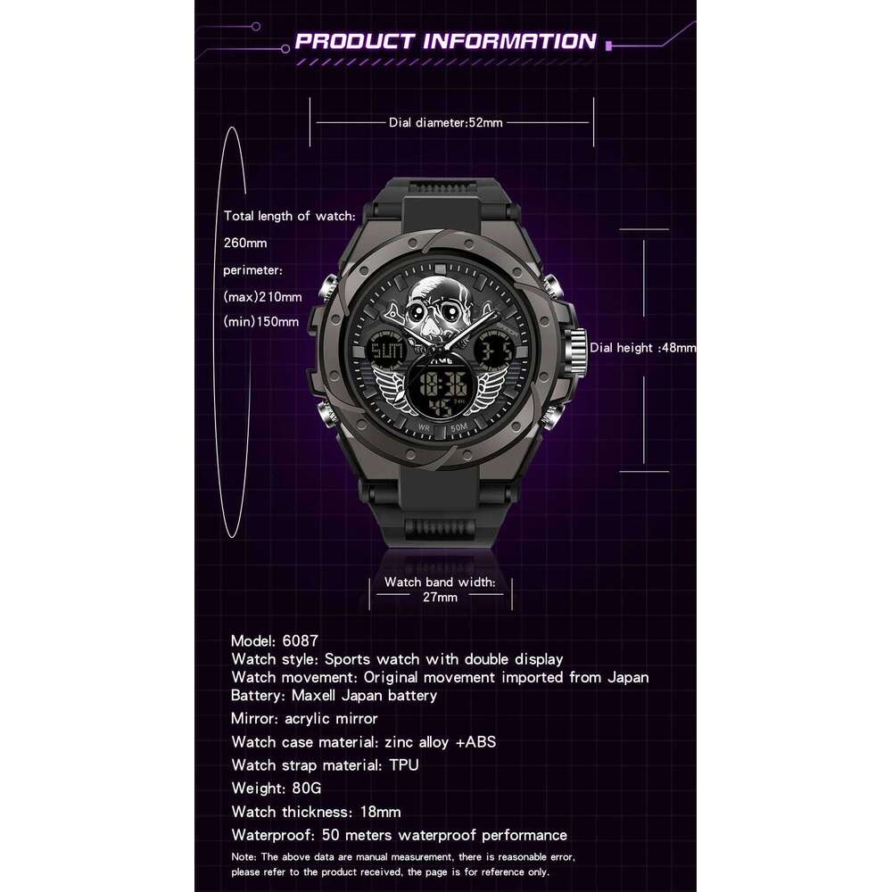 SANDA Top Brand 6087 Military Sports Dual Display Waterproof LED Men's Skull Electronic Watch