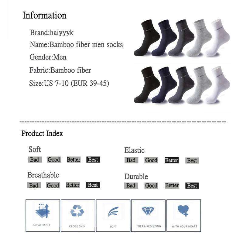 10 Pairs / Lot Bamboo Fiber Men Casual Business Anti-Bacterial Breatheable Men's Crew Socks High Quality Guarantee Sock Z260312