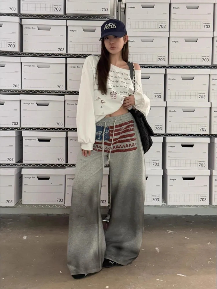 Y2K College American Hip-hop Goth Print Drawstring Wide Leg Sweatpants Loose 90s High Street Sports Trousers Floor Length Pants 260310