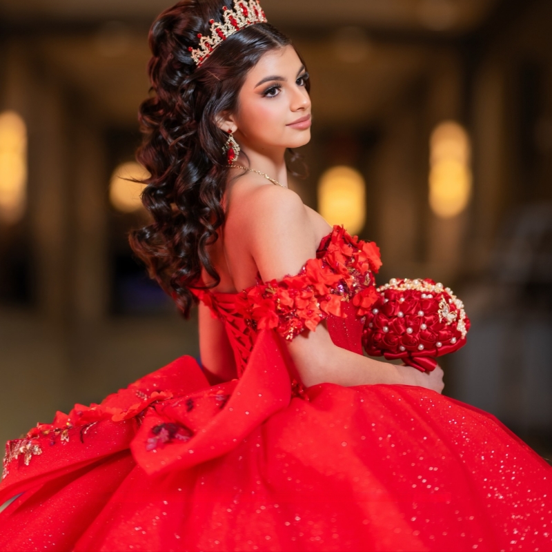 Red Ball Gown Quinceanera Dresses 2026 Applique Flower Beading Crystal Bow Tull Corset Off Shoulder Sweet 16 Dress Years Vestidos De 15 Anos