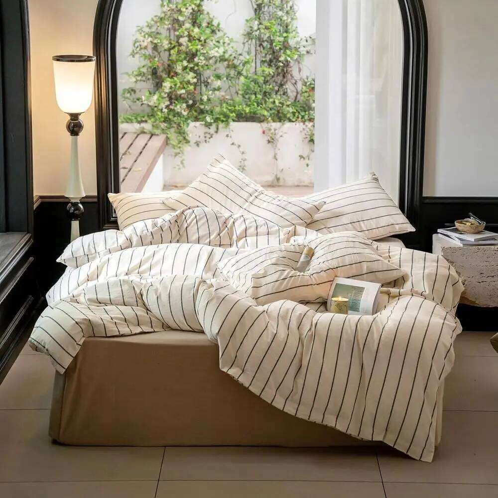 Queen Size Beige Cotton Striped Duvet Grey Stripes, 3-Piece Comforter Cover Set with Zippered Closure H260312