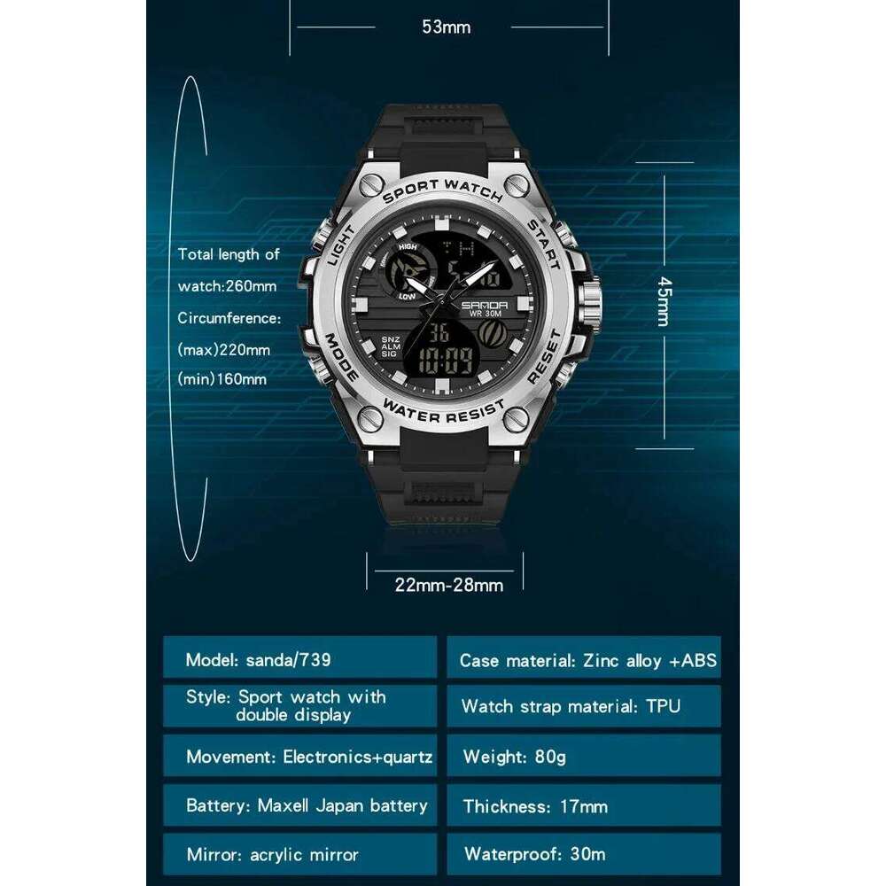 SANDA 739 Luxury Digital Quartz Watch for Men Military Army Waterproof Sports Wristwatches LED Dual Display Mens Reloj Hombre